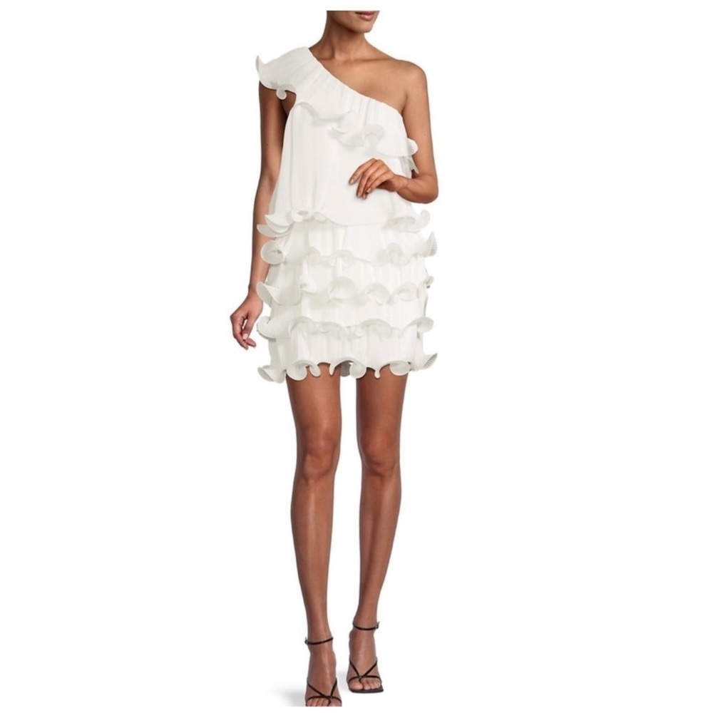 Milly | Blakely One Shoulder Tiered Ruffled Mini Dress White | 4 - Picture 6 of 16